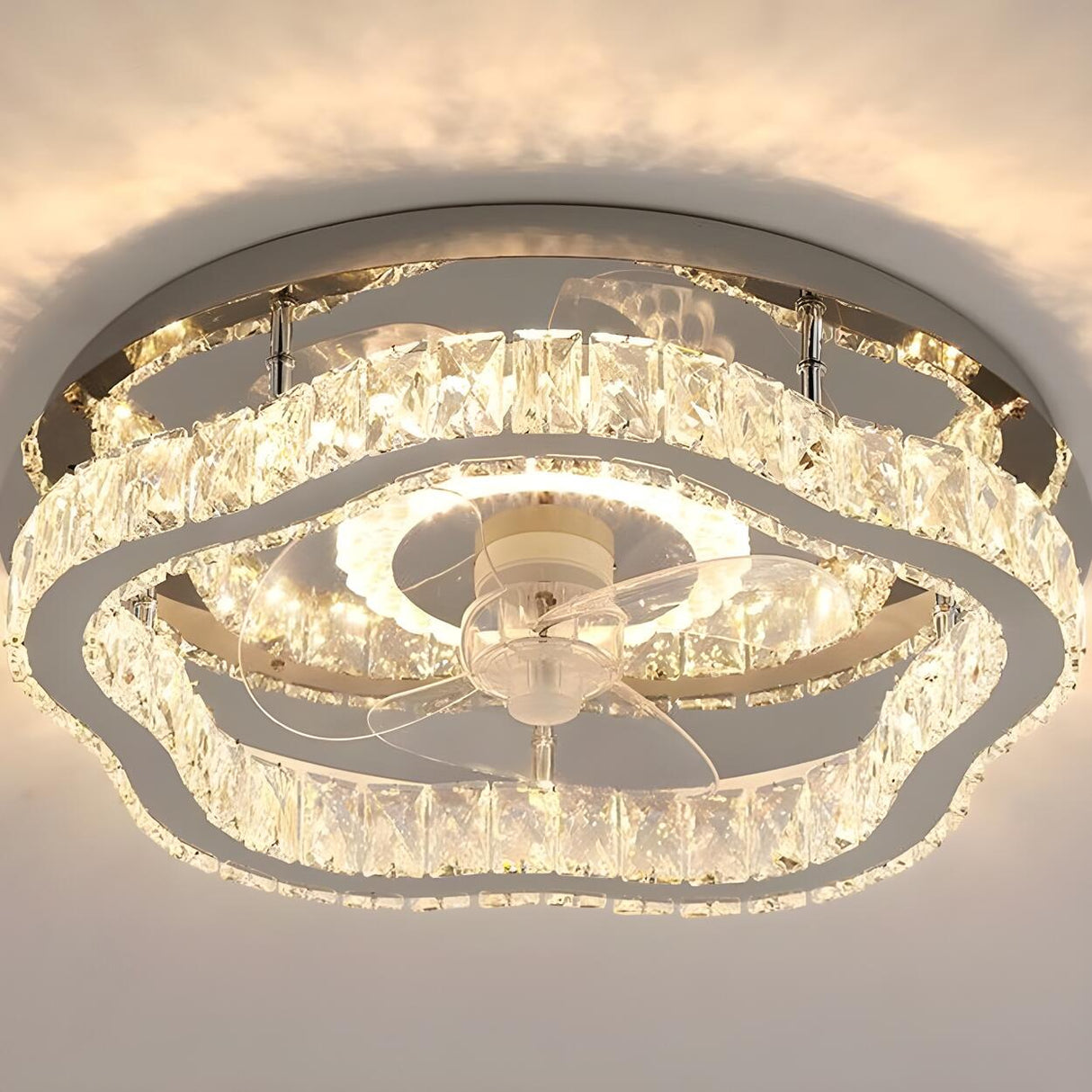 Luxury Flush Gold Crystal Ceiling Fan with LED Light Image - 18