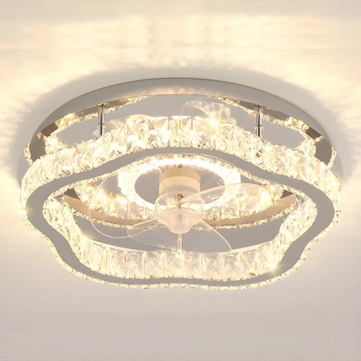 Luxury Flush Gold Crystal Ceiling Fan with LED Light Image - 22