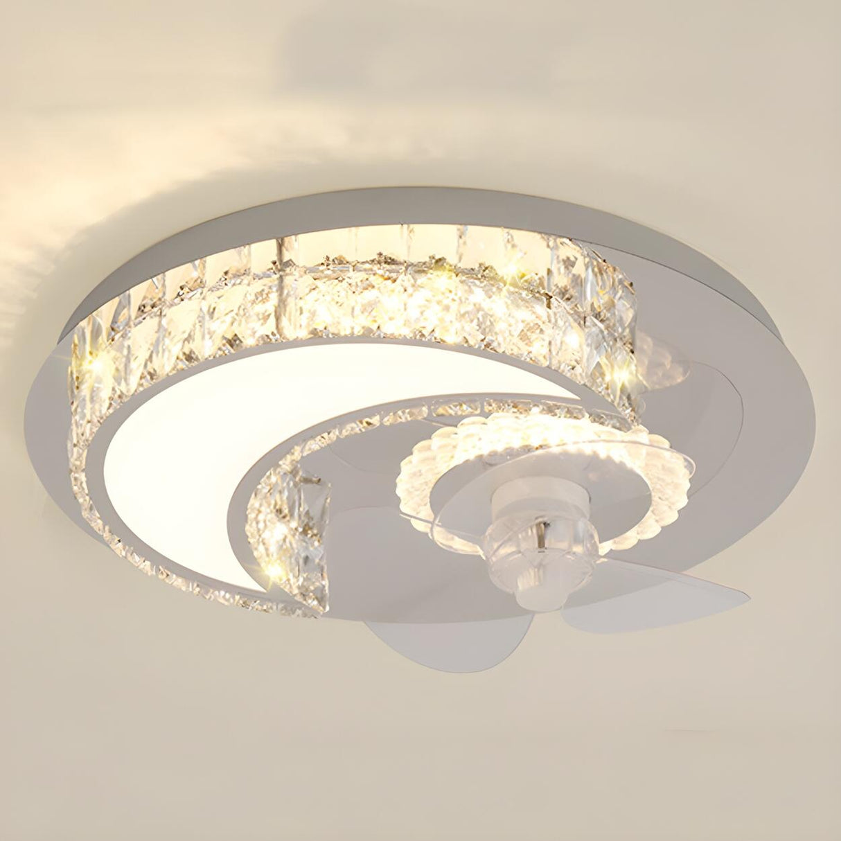 Luxury Flush Gold Crystal Ceiling Fan with LED Light Image - 24