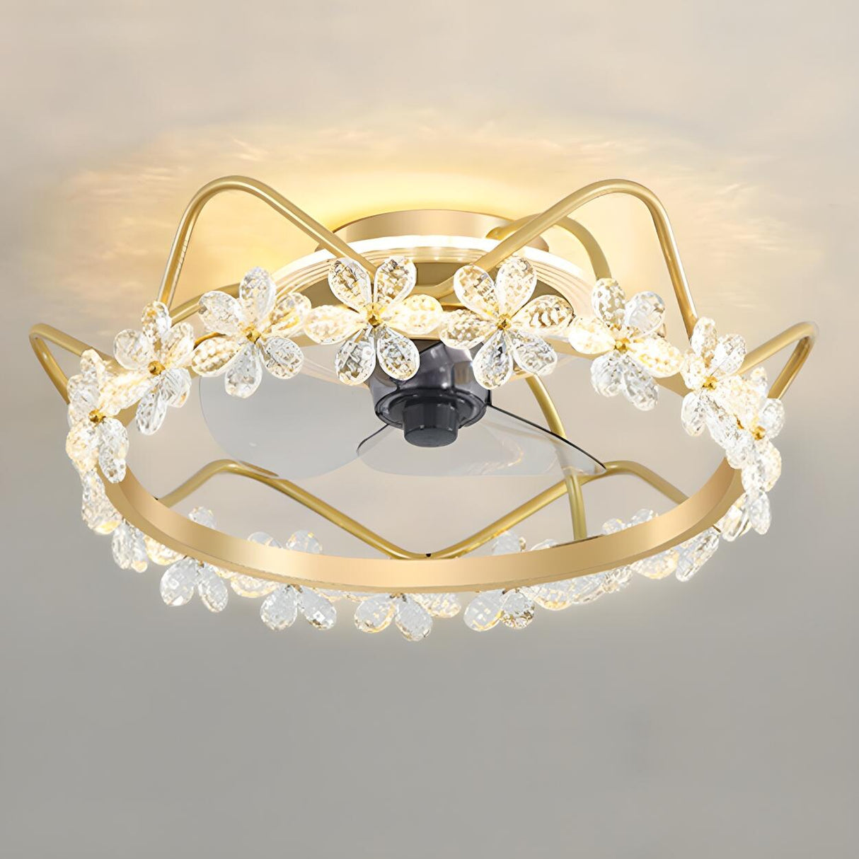 Luxury Flush Gold Crystal Ceiling Fan with LED Light Image - 27