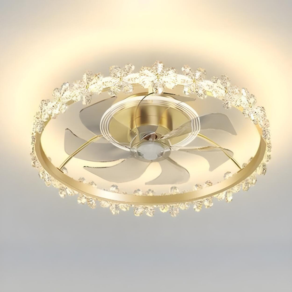 Luxury Flush Gold Crystal Ceiling Fan with LED Light Image - 3