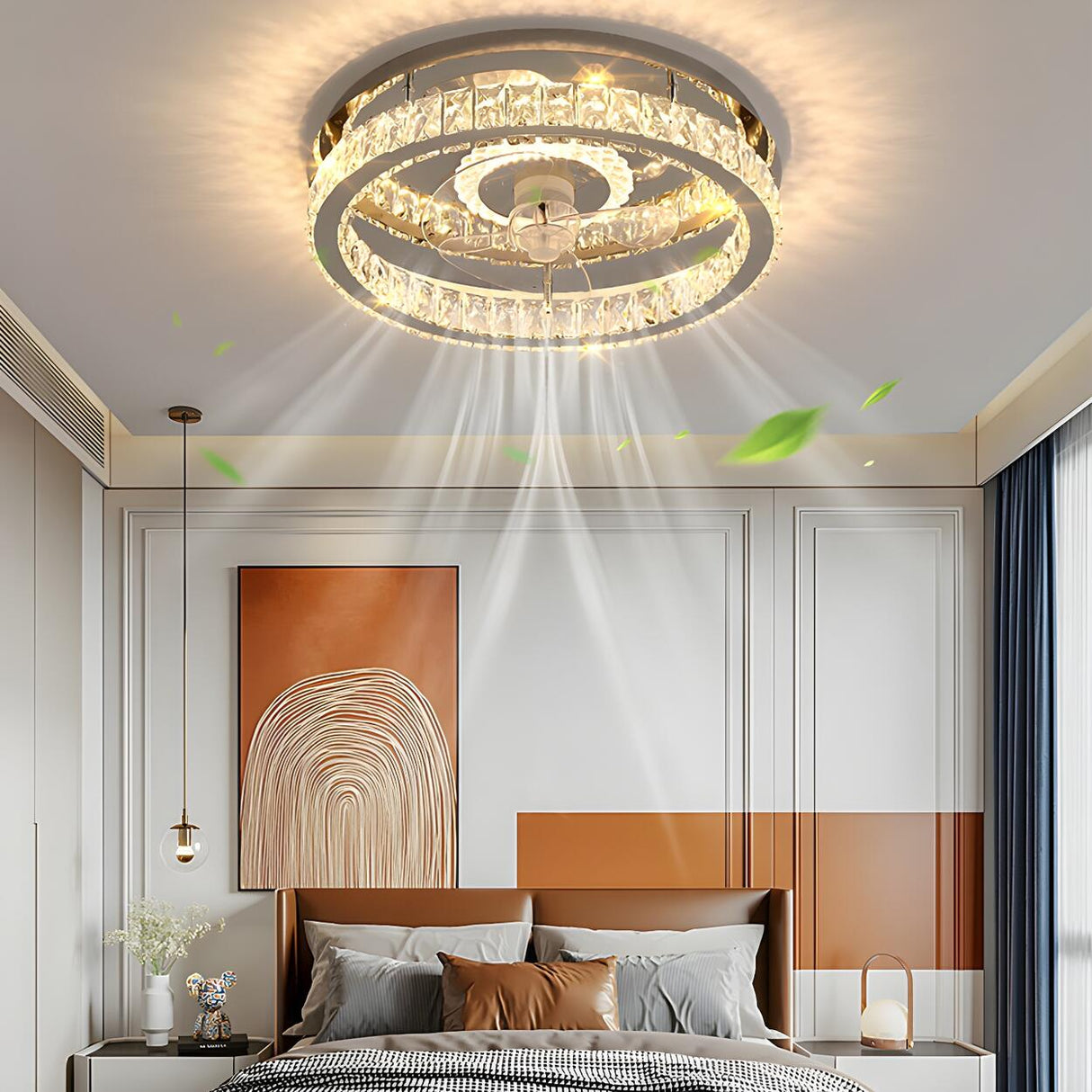 Luxury Flush Gold Crystal Ceiling Fan with LED Light Image - 30
