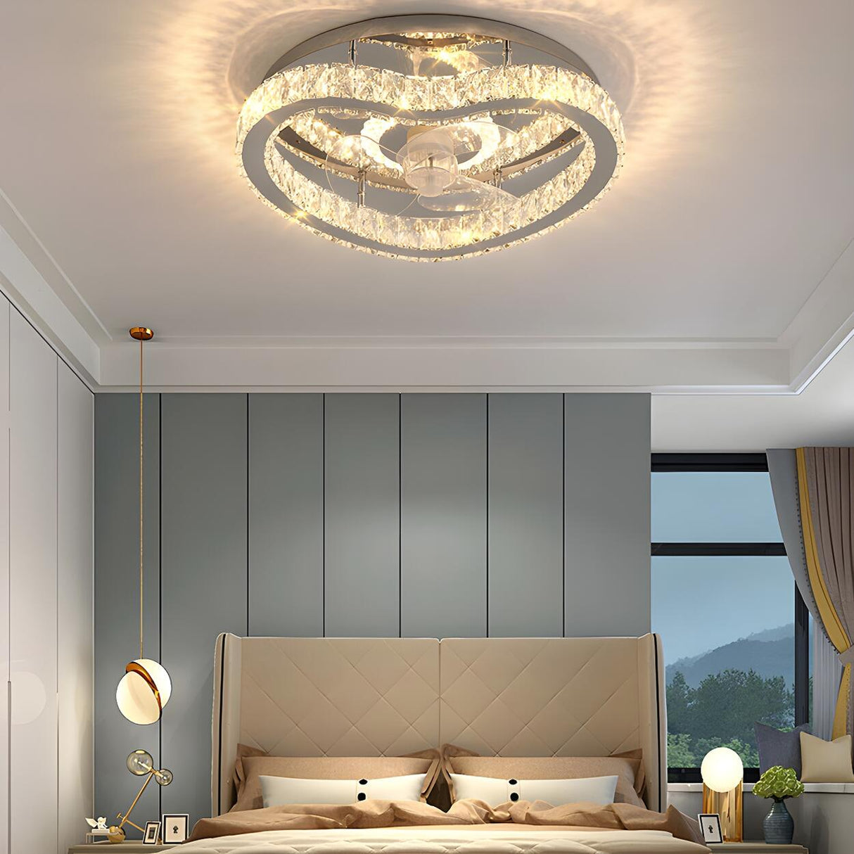 Luxury Flush Gold Crystal Ceiling Fan with LED Light Image - 32