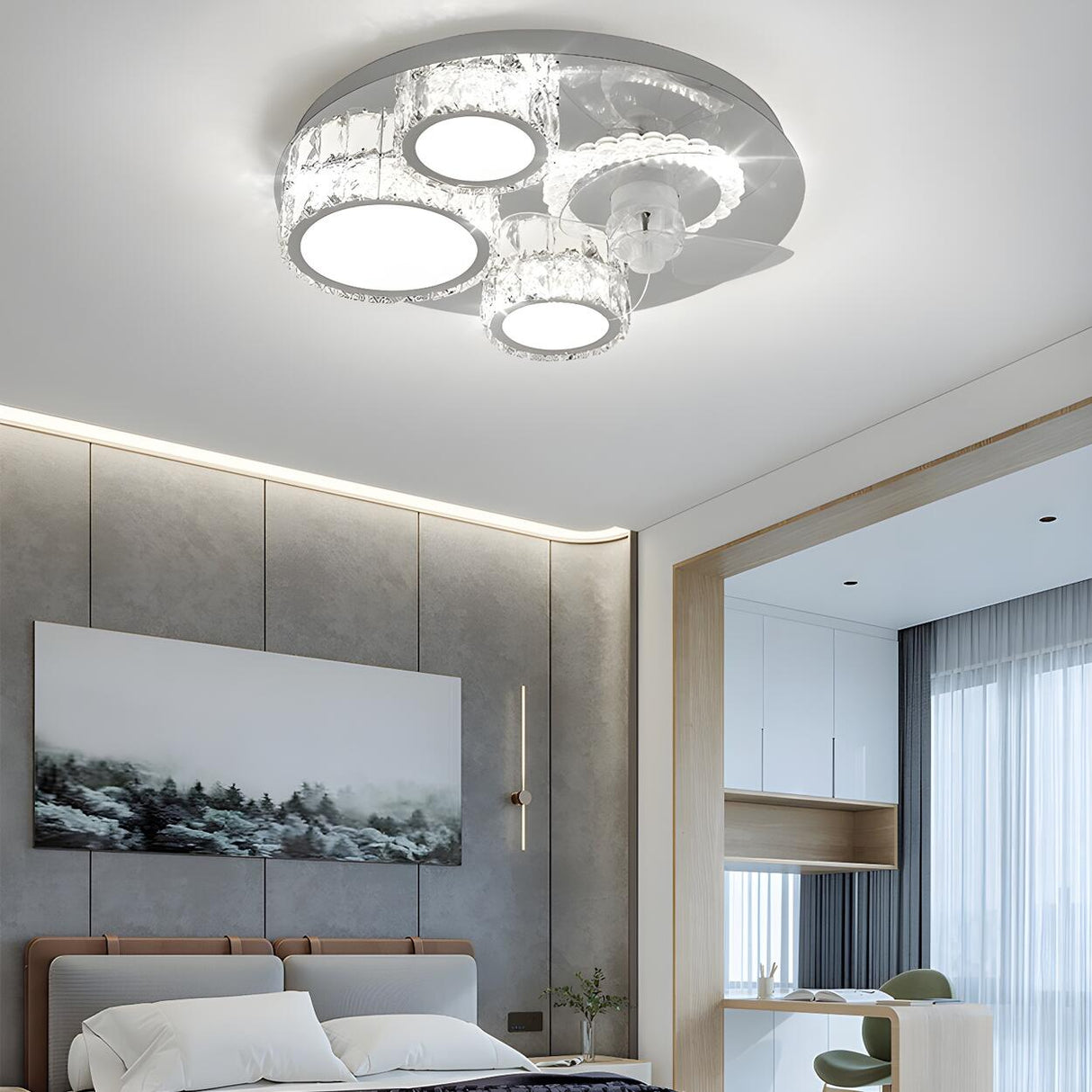 Luxury Flush Gold Crystal Ceiling Fan with LED Light Image - 33