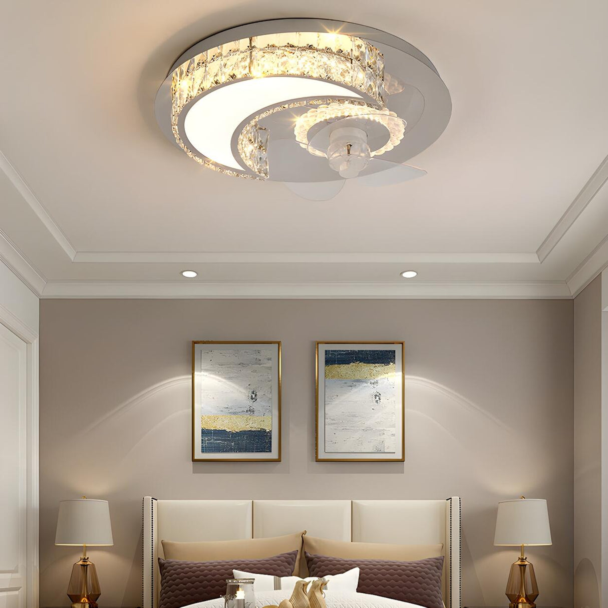 Luxury Flush Gold Crystal Ceiling Fan with LED Light Image - 34