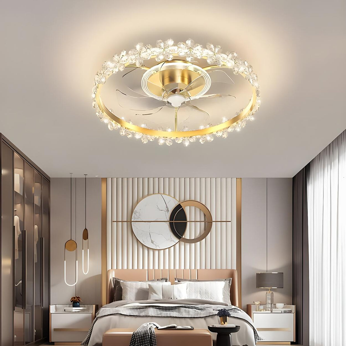 Luxury Flush Gold Crystal Ceiling Fan with LED Light Image - 4