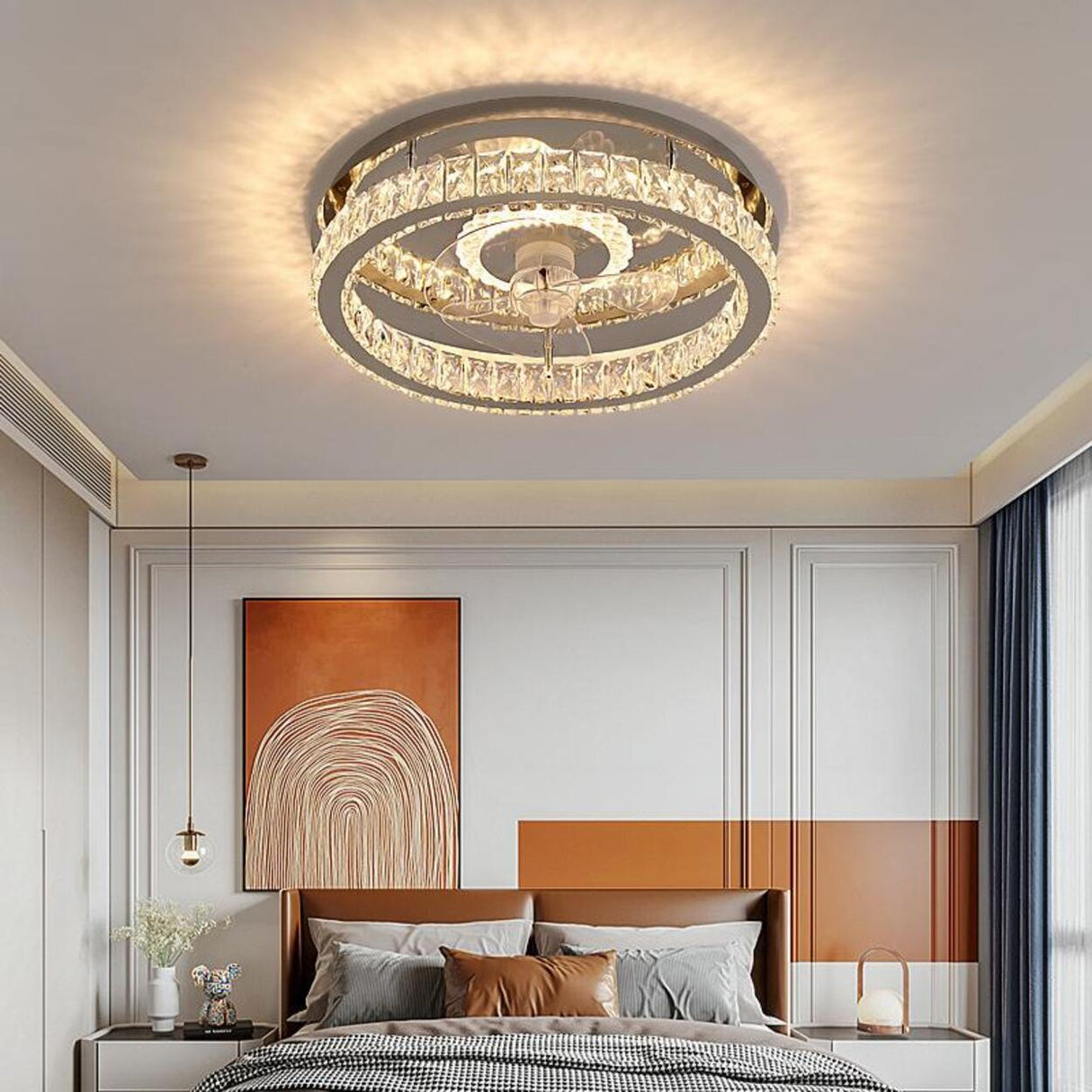 Luxury Flush Gold Crystal Ceiling Fan with LED Light Image - 5