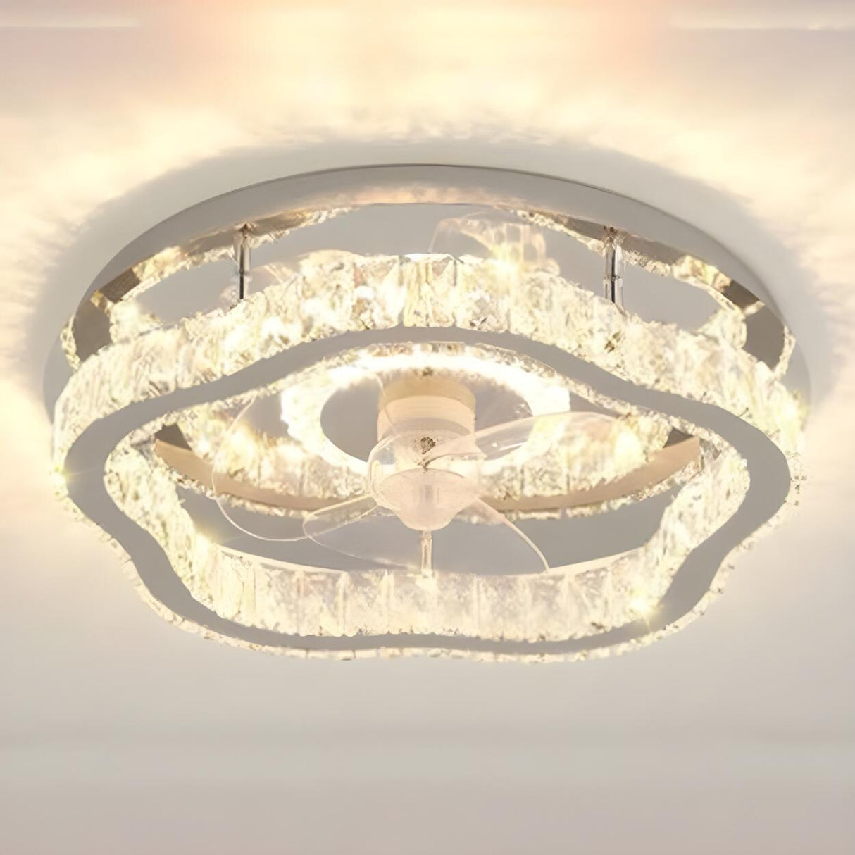 Luxury Flush Gold Crystal Ceiling Fan with LED Light Image - 7