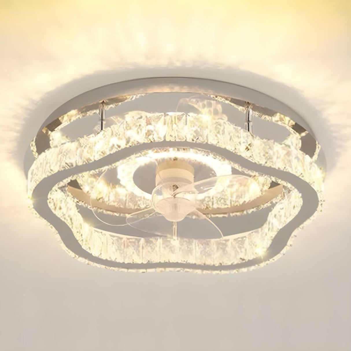 Luxury Flush Gold Crystal Ceiling Fan with LED Light Image - 9