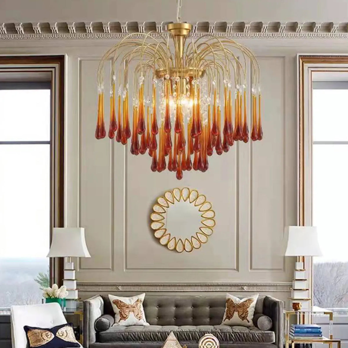 Luxury Gold Amber Glass Teardrop Cascading Chandelier – Homebaa