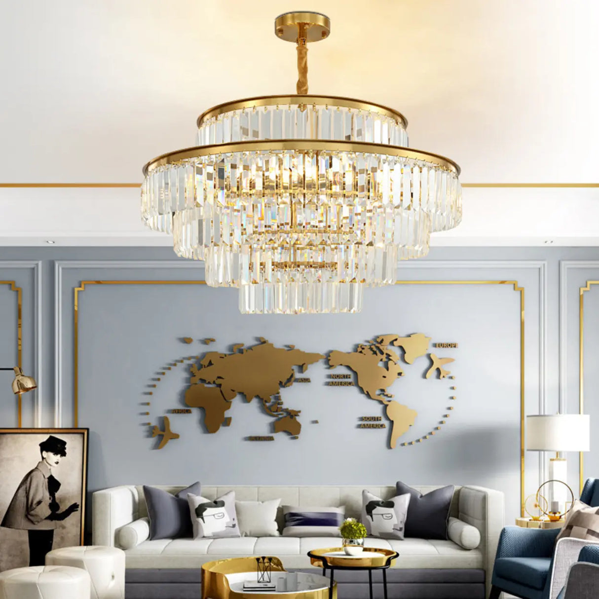 Luxury Gold Clear Crystal Tiered Chandelier Flexible Length Image - 1
