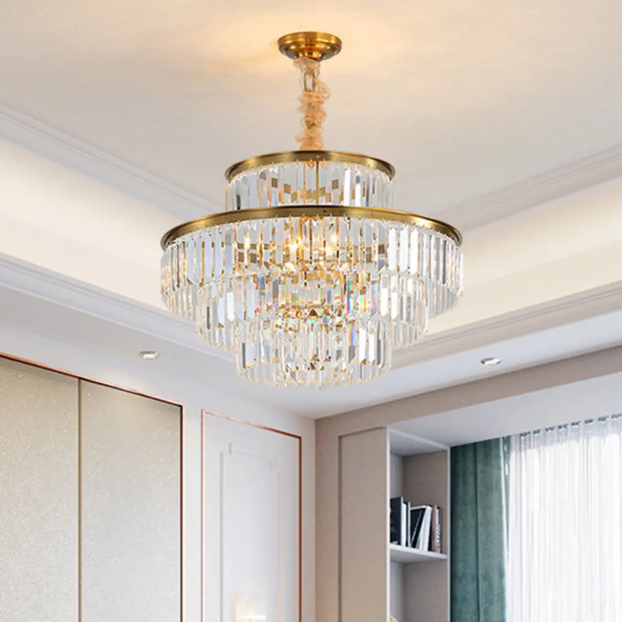 Luxury Gold Clear Crystal Tiered Chandelier Flexible Length Image - 2