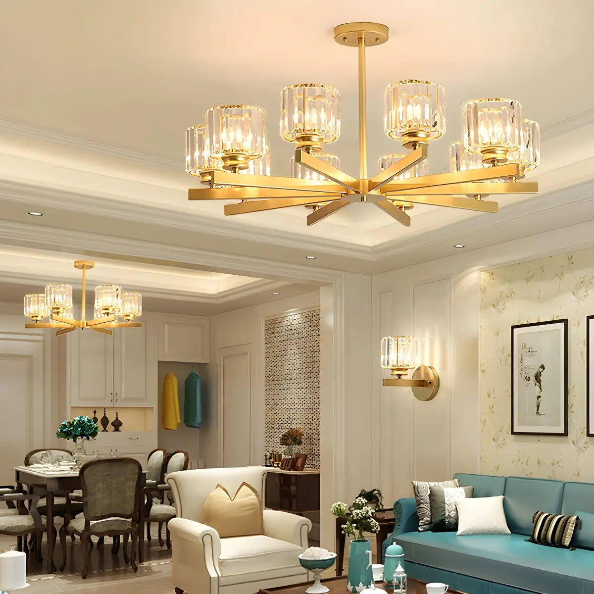 Luxury Golden Cylinder Crystal Semi-Flush Mount Light Image - 1
