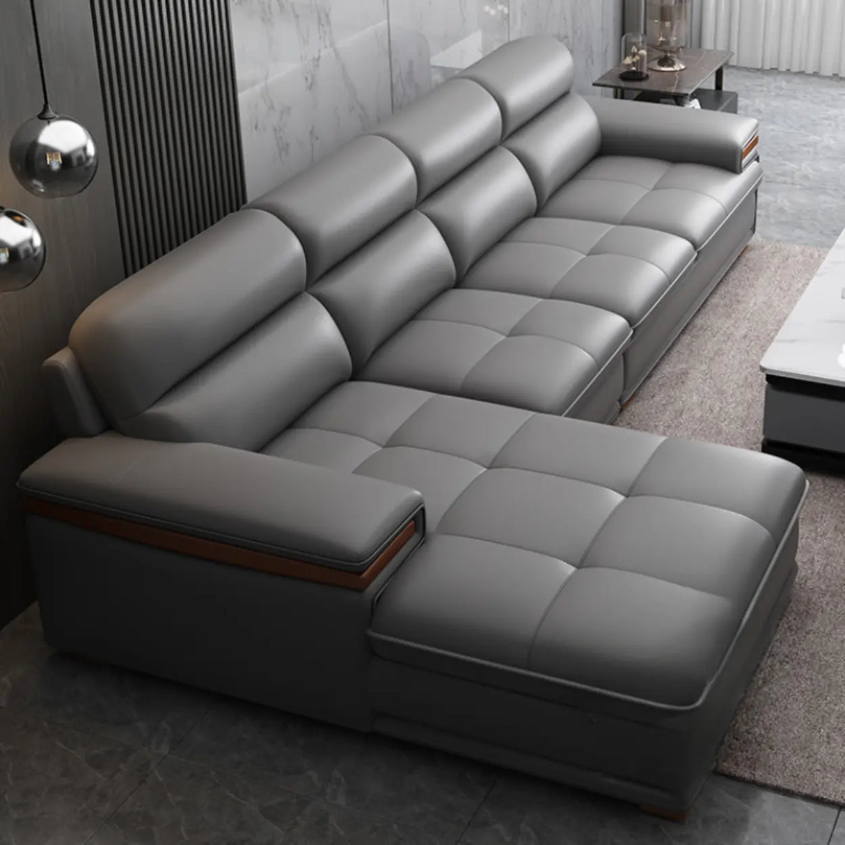 Luxury L-Shape Leather Stain Resistant Gray Comfort Sofa Image - 4