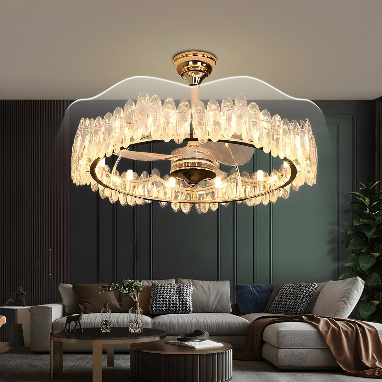 Luxury Ring Retractable Blade Crystal Ceiling Fan Light Image - 5