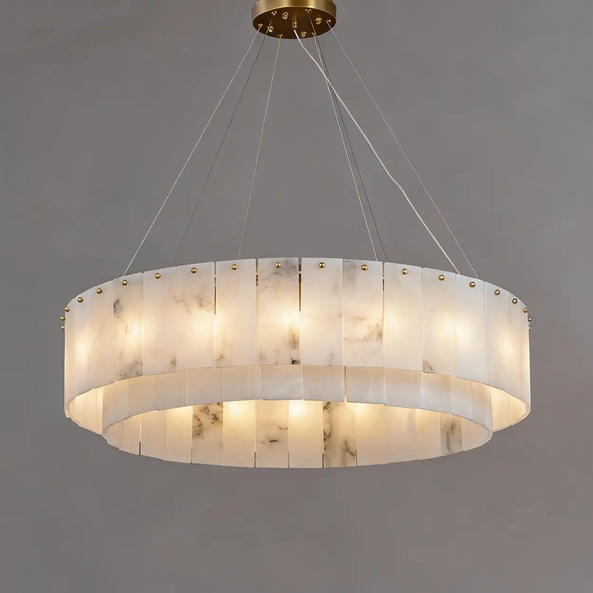 Luxury Tiered Brass and Alabaster Circular Hanging Chandelier Image - 2