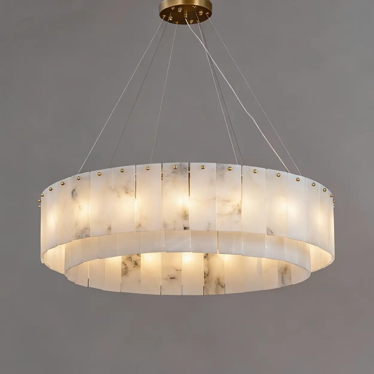 Luxury Tiered Brass and Alabaster Circular Hanging Chandelier Image - 2