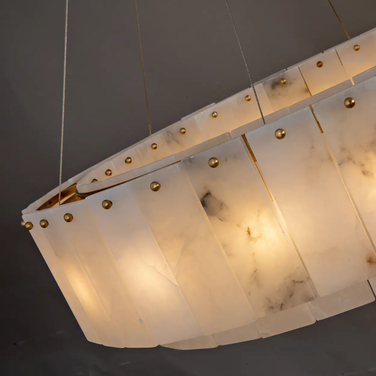 Luxury Tiered Brass and Alabaster Circular Hanging Chandelier Image - 4