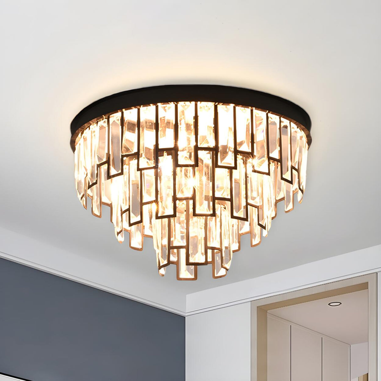 Luxury Tiered Crystal Strip Flush Mount Ceiling Light Image - 6