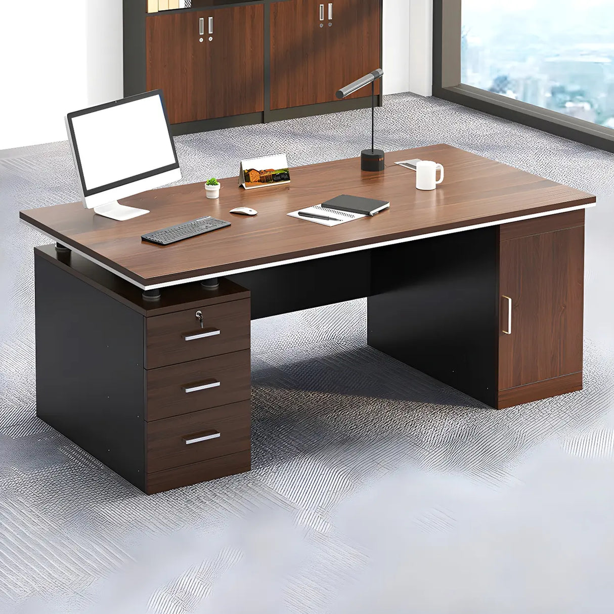 Manufactured Wood Writing Desk with Drawers and Cabinet Image - 3