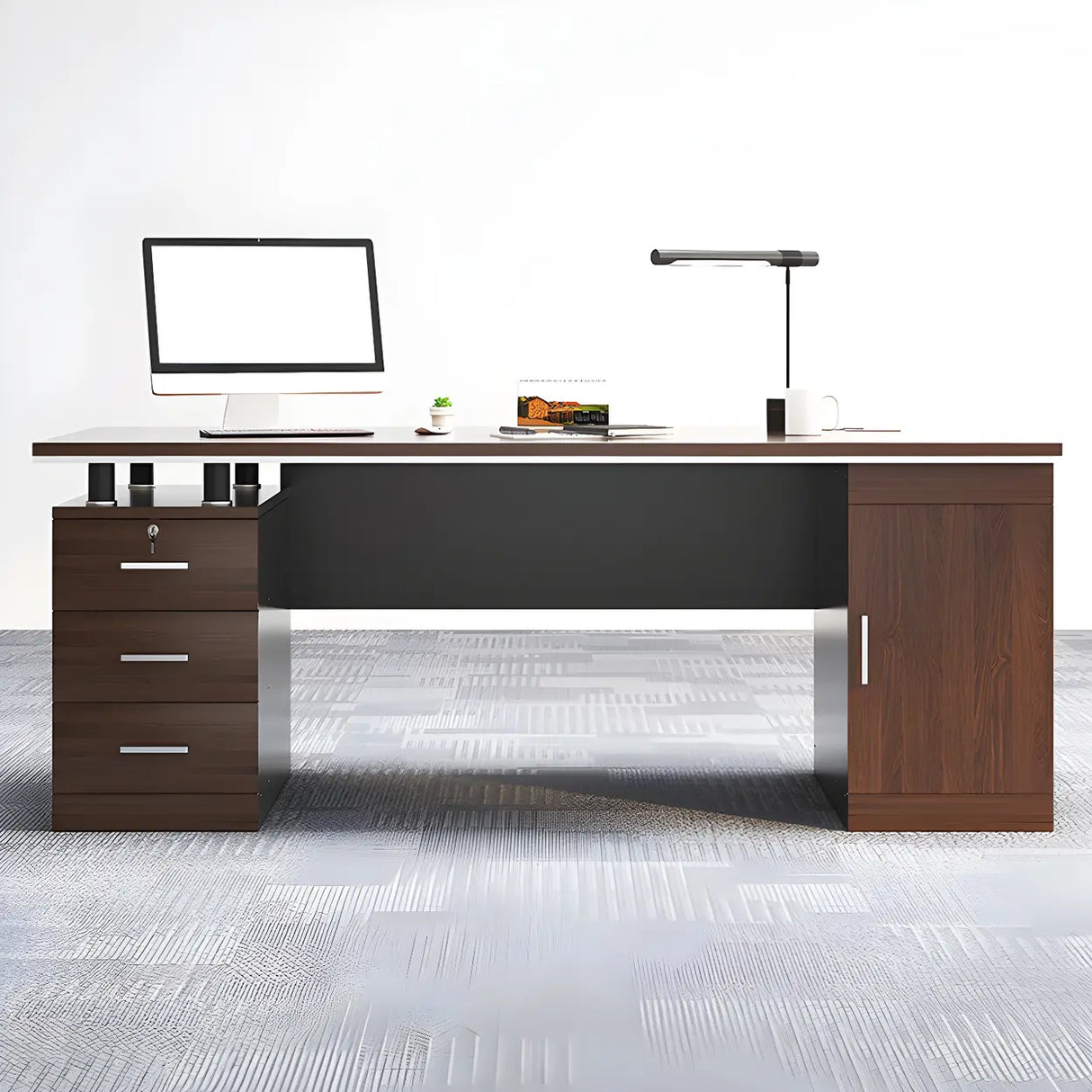 Manufactured Wood Writing Desk with Drawers and Cabinet Image - 4