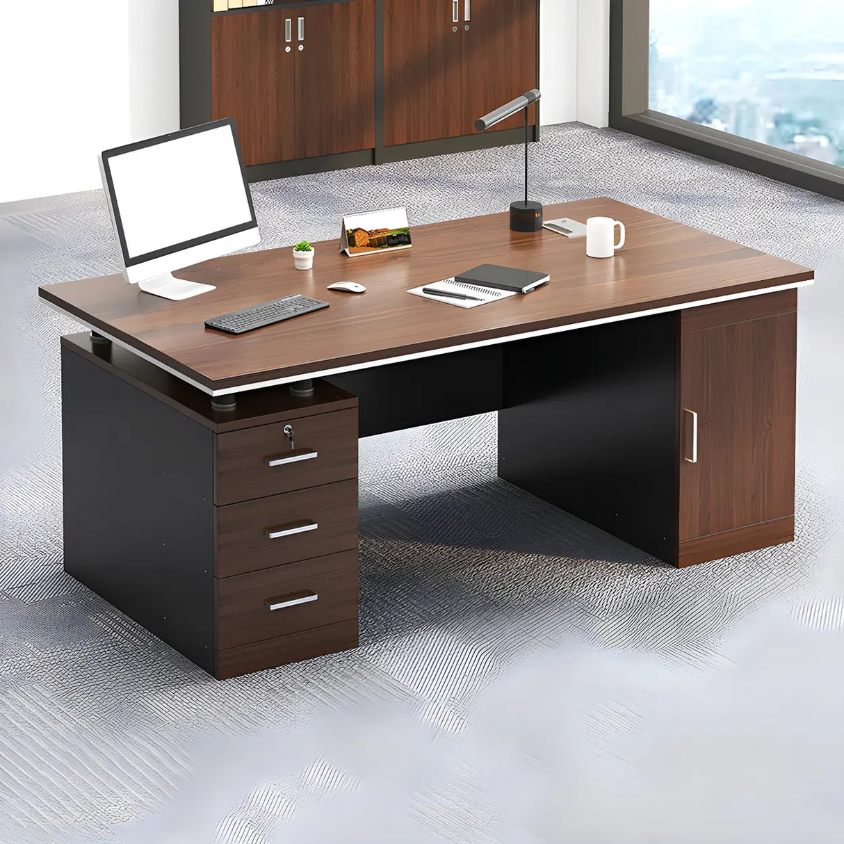 Manufactured Wood Writing Desk with Drawers and Cabinet Image - 5