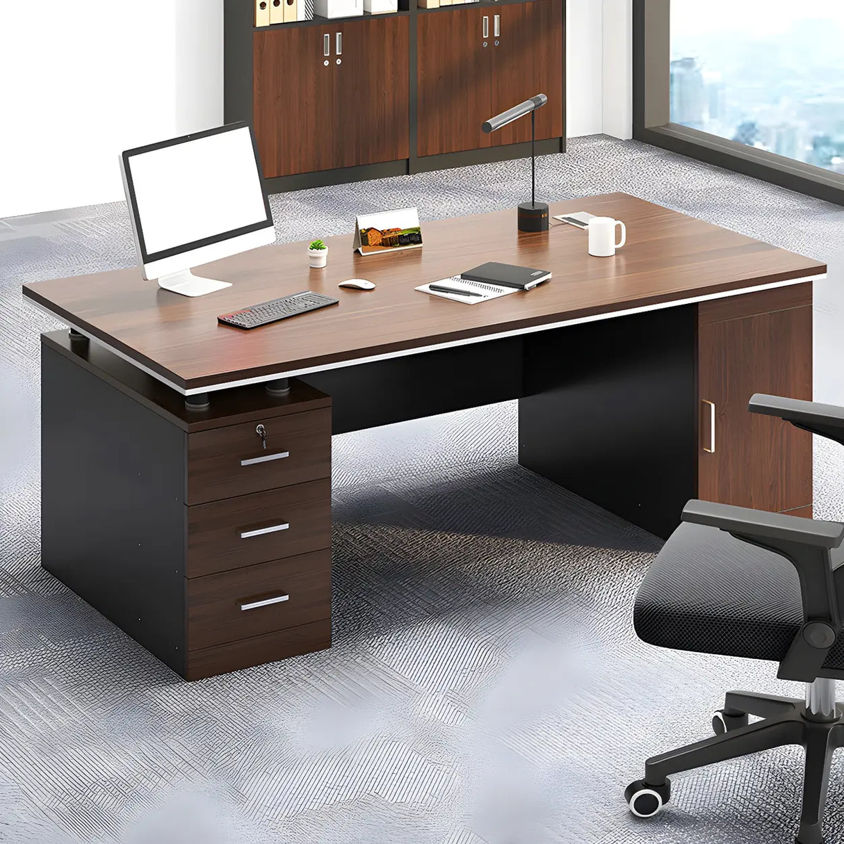 Manufactured Wood Writing Desk with Drawers and Cabinet Image - 6