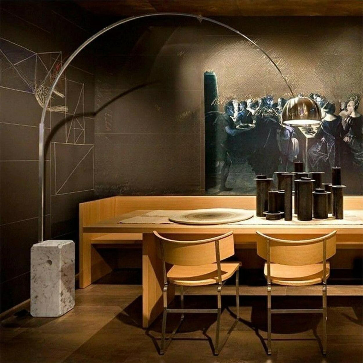 Marble Base Modern Sliver Bowl and Arc Floor Lamp Image - 3