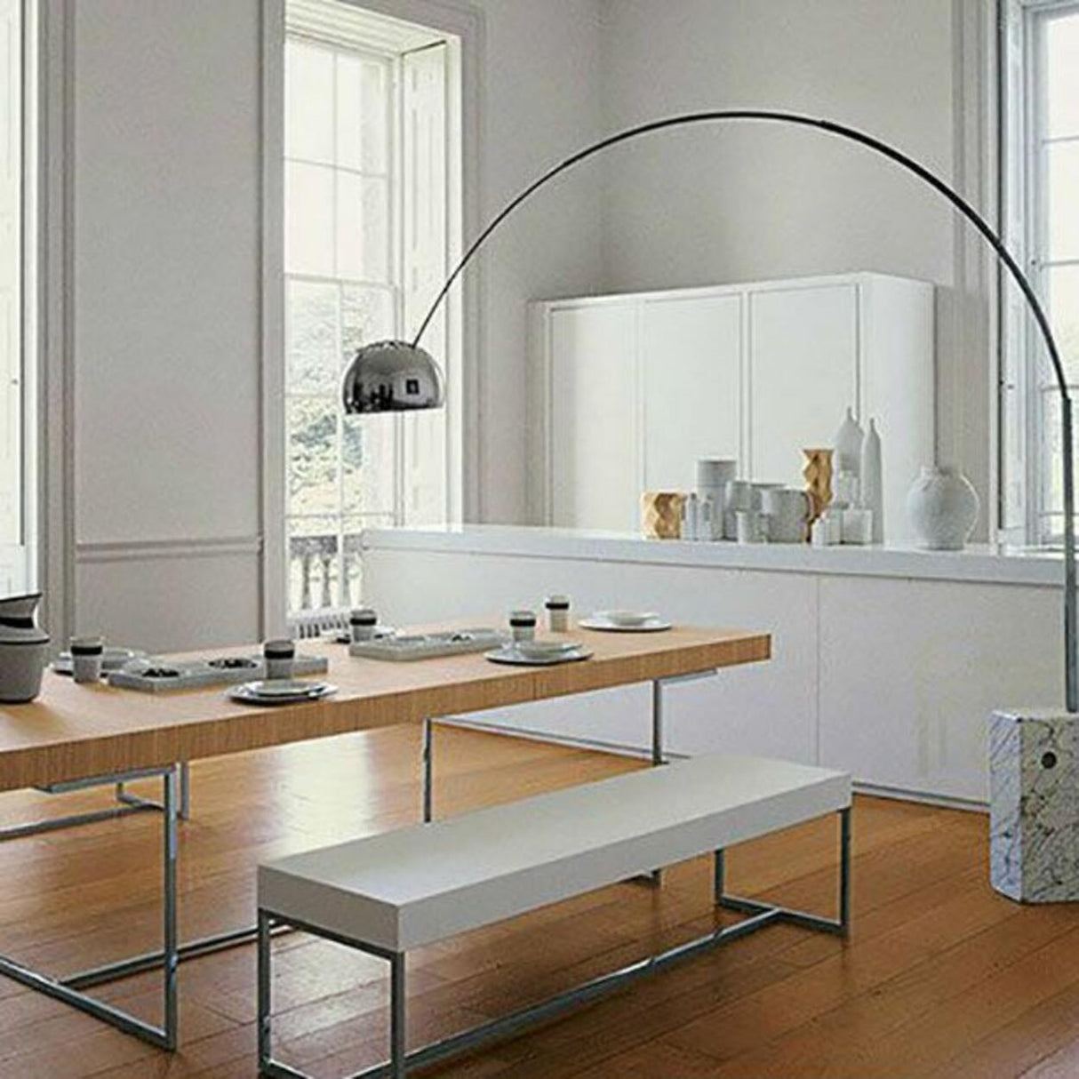 Marble Base Modern Sliver Bowl and Arc Floor Lamp Image - 5
