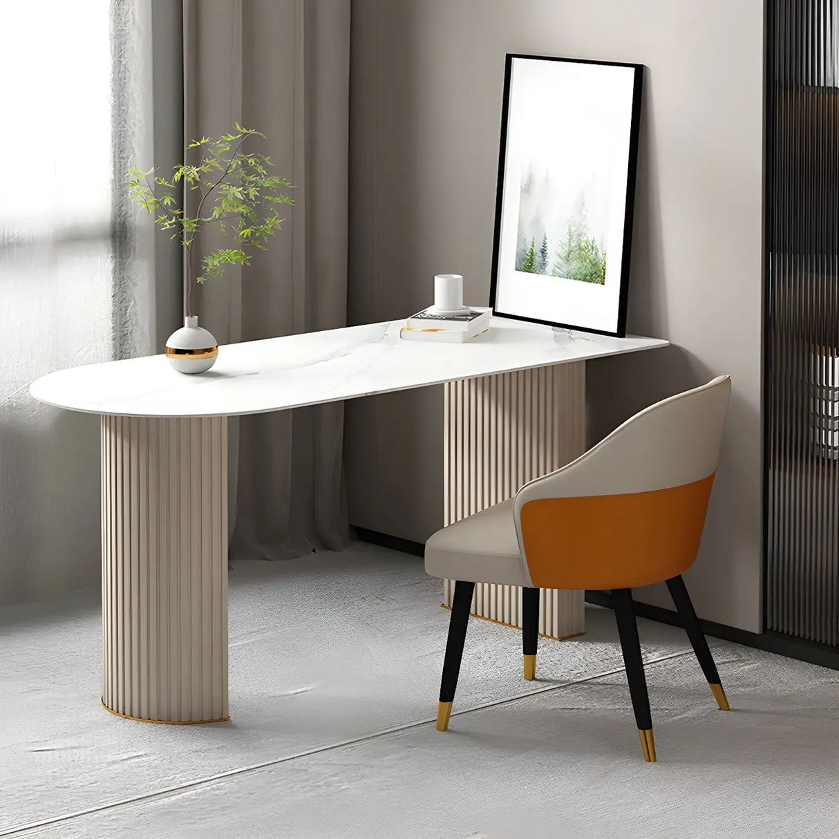 Marble Stone Peninsula Shape Steel Sled Writing Desk Image - 10