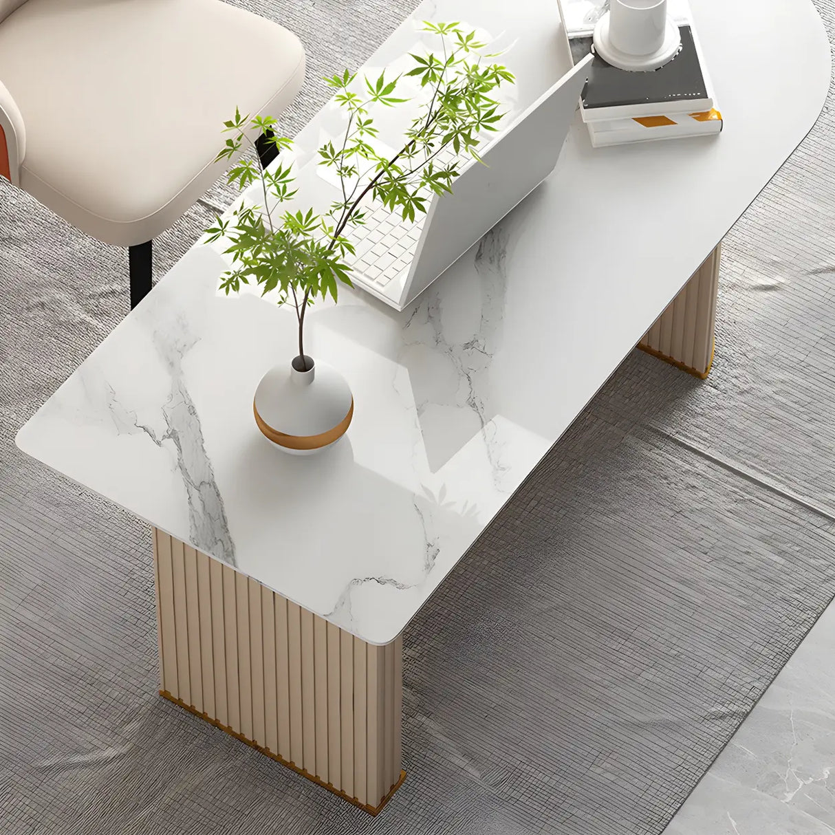 Marble Stone Peninsula Shape Steel Sled Writing Desk Image - 8