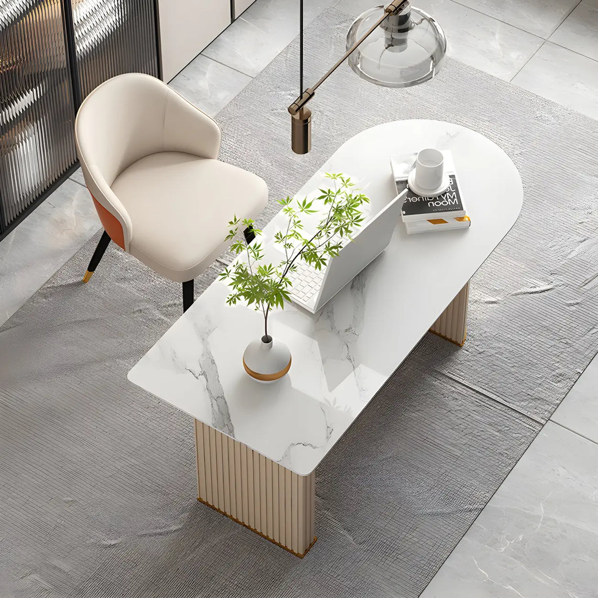 Marble Stone Peninsula Shape Steel Sled Writing Desk Image - 9