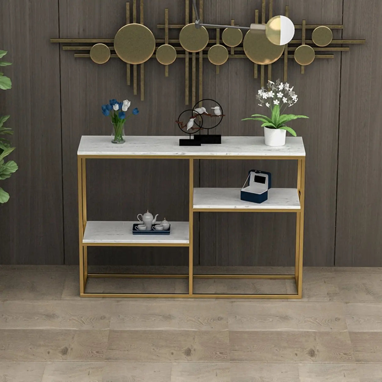 Marble Trestle Gold Frame Console Table with Shelves Image - 1