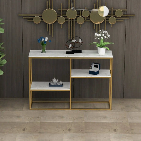 Marble Trestle Gold Frame Console Table with Shelves Image - 1