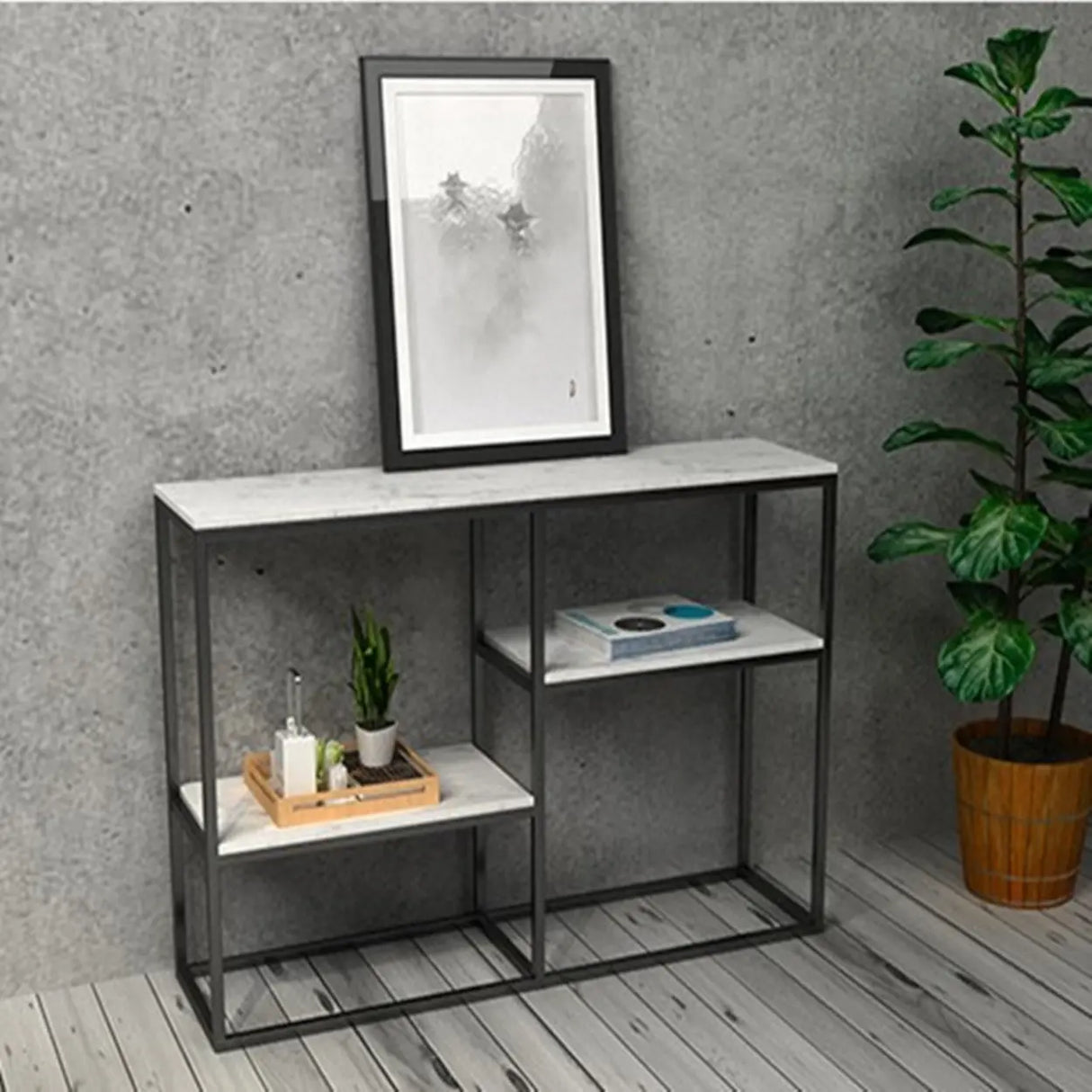 Marble Trestle Gold Frame Console Table with Shelves Image - 3