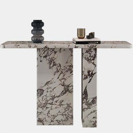 Marble White Rectangle Double Pedestal Console Table Image - 2