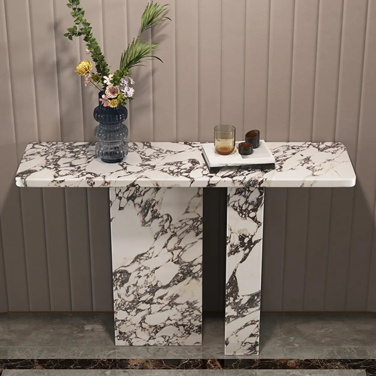 Marble White Rectangle Double Pedestal Console Table Image - 4