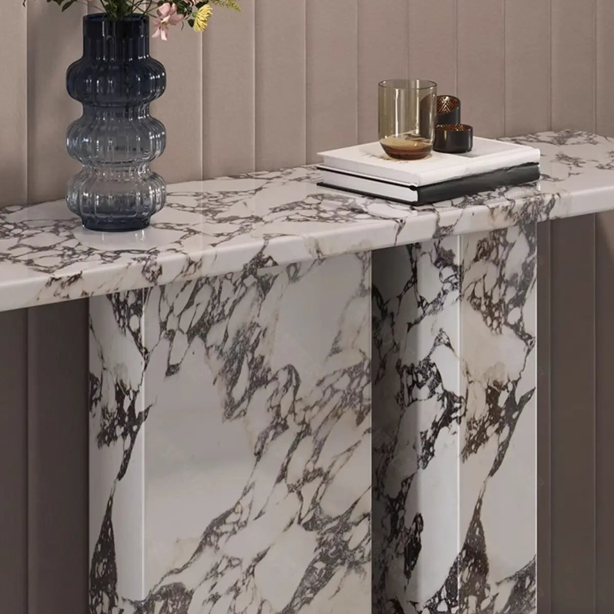 Marble White Rectangle Double Pedestal Console Table Image - 7