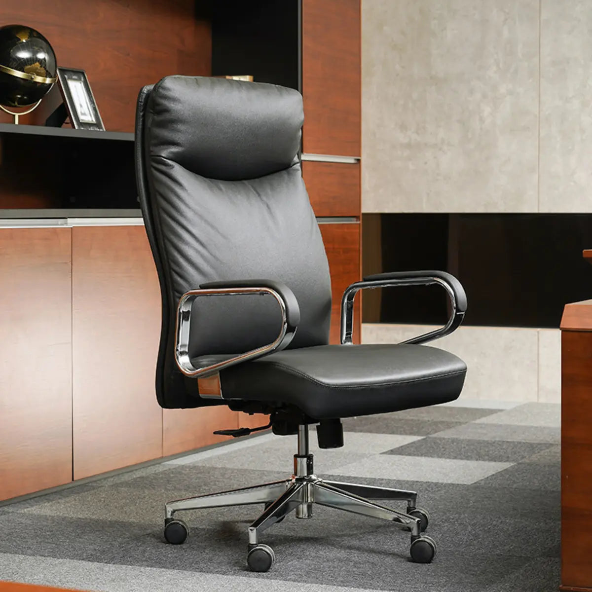 Metal Adjustable Black High-Back Leather Office Chair Image - 1