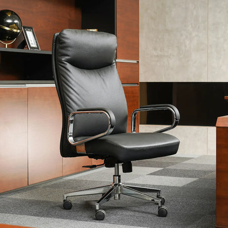 Metal Adjustable Black High-Back Leather Office Chair Image - 1