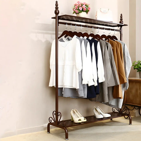 Metal Brown Freestanding Garment Coat Rack with Shelves Image - 1