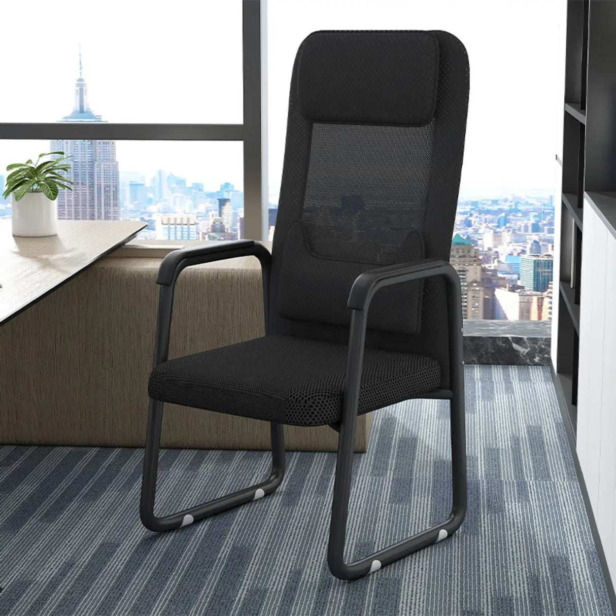 Metal Frame Black Mesh Ergonomic Fixed Arm Office Chair Image - 1
