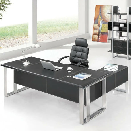 Metal Frame Ergonomic Black Leather Office Chair with Arms Image - 1
