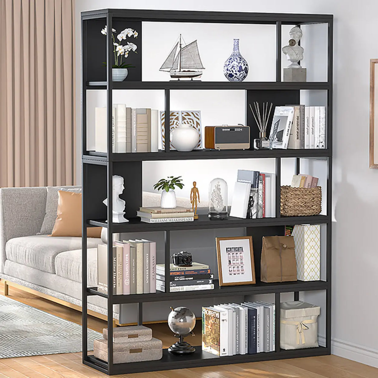 Metal Modern Vertical Open Black Large Storage Bookcase Image - 15