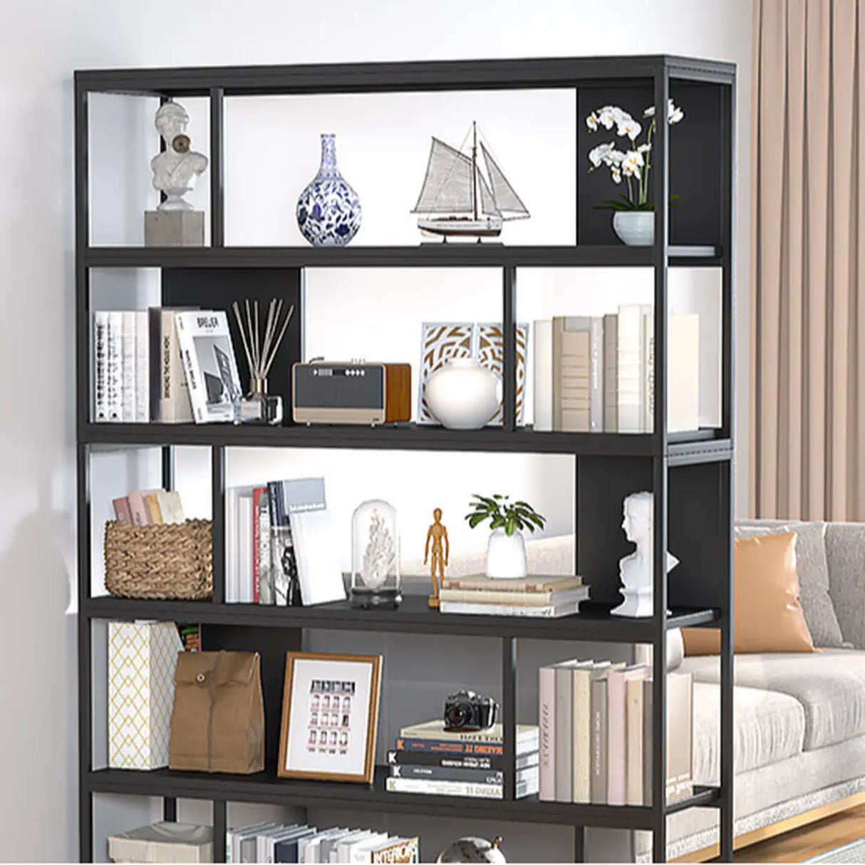 Metal Modern Vertical Open Black Large Storage Bookcase Image - 6