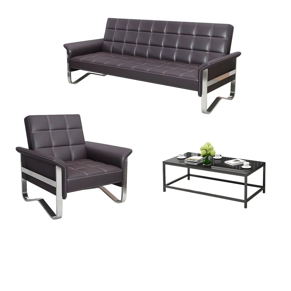 Metal Silver Frame Office Black Reception Sofa with Leg Image - 13