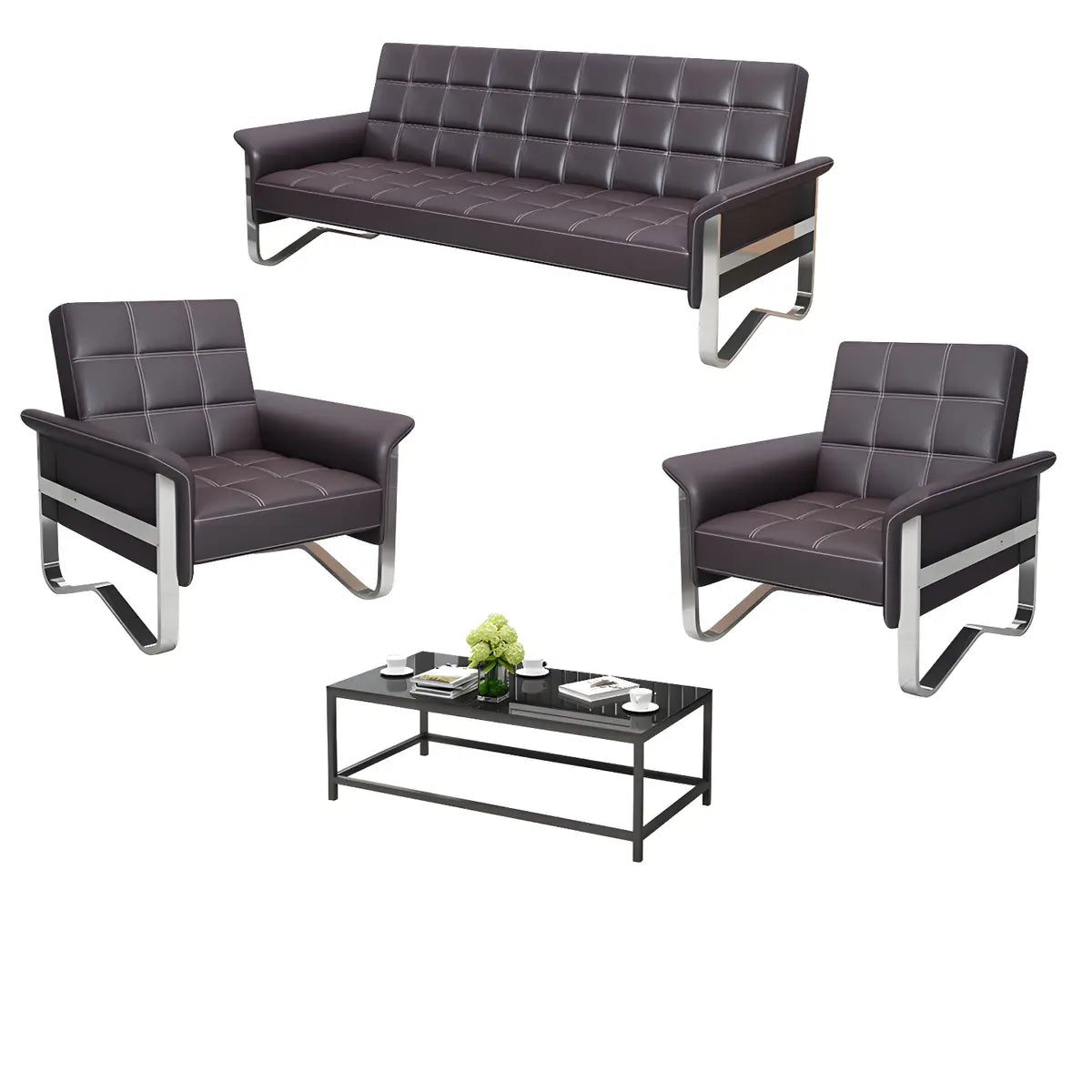 Metal Silver Frame Office Black Reception Sofa with Leg Image - 16