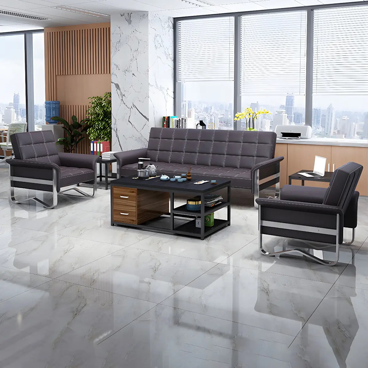 Metal Silver Frame Office Black Reception Sofa with Leg Image - 4