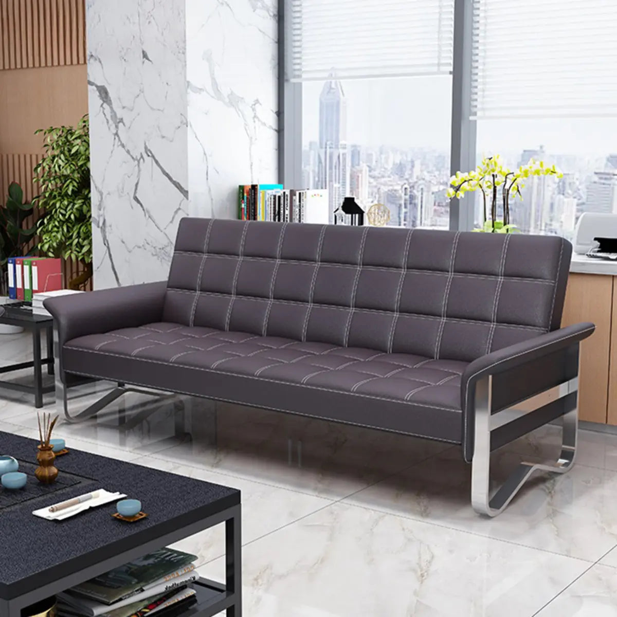 Metal Silver Frame Office Black Reception Sofa with Leg Image - 6
