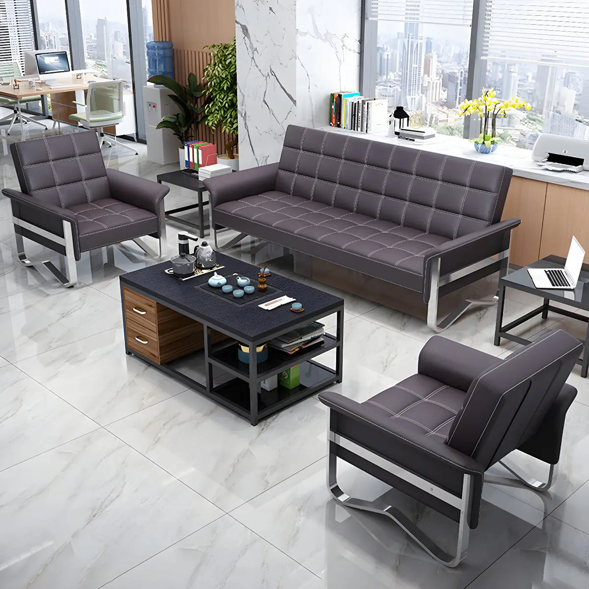 Metal Silver Frame Office Black Reception Sofa with Leg Image - 8